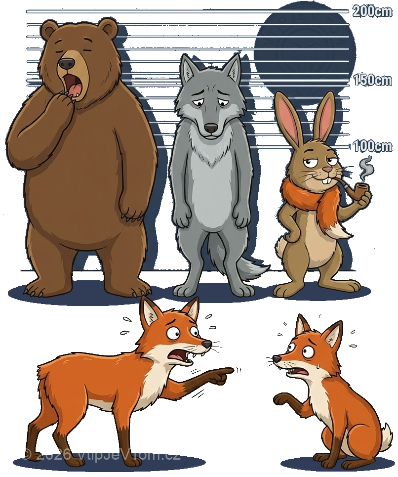 Ilustrace z kategorie Lesní zvěřství: Zajíc s dýmkou a liščím ocasem kolem krku v policejní sestavě se zvířaty