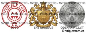 Oficiální chráněná symbolika projektu VtipJeVTom.cz – Erb Magnus a odznak P.V.J.V.T.