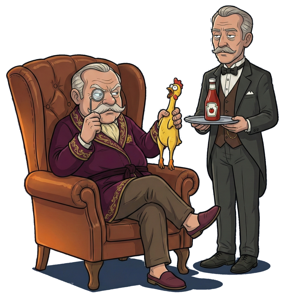 Kreslený vtip: Lord Magnus s monoklem a sluha Jean v absurdní situaci pro web VtipJeVTom.cz