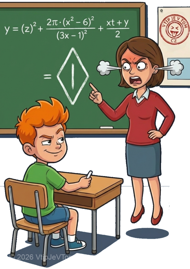 Drzý Pepíček u tabule a rozzuřená levitující učitelka v kresleném vtipu pro kategorii Pepíček