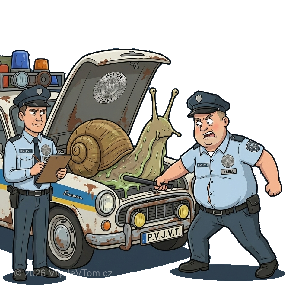 Vtipný obrázek policistů Karla a Franty řešících šneka v motoru auta u silnice – VtipJeVTom.cz
